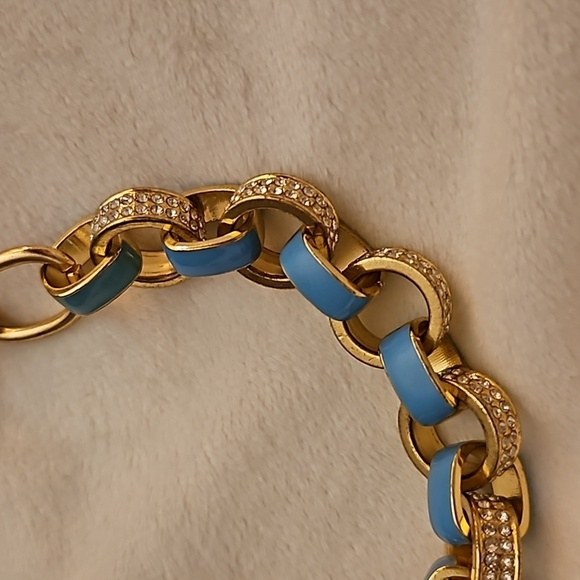 Vintage 1990s Chunky Rhinestone Turquoise Blue Enamel Circle Link Chain Necklace - Picture 4 of 7